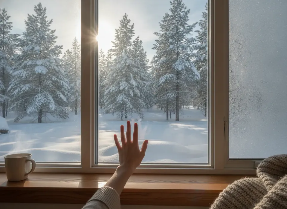 Triple-pane window with frost outside in winter