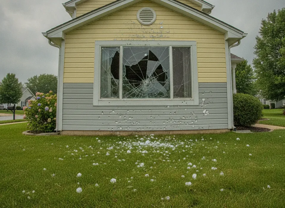 Hail-cracked window and dented screen after a storm